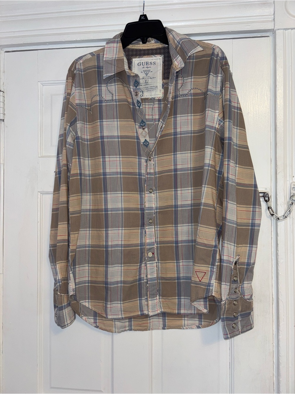 GUESS Beige and Blue Plaid Button-Down Shirt